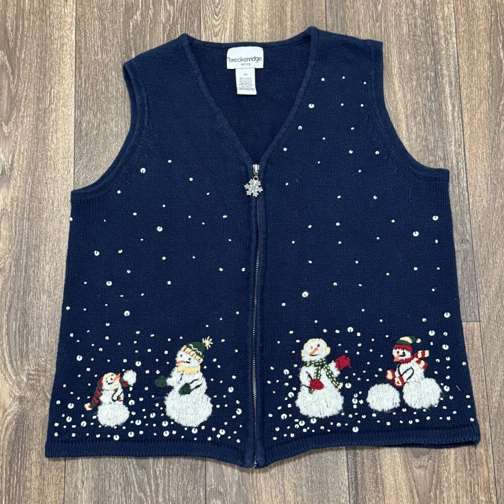 VTG Ugly Christmas Sweater Vest Women's Medium Blue Snowman Breckenridge Petite